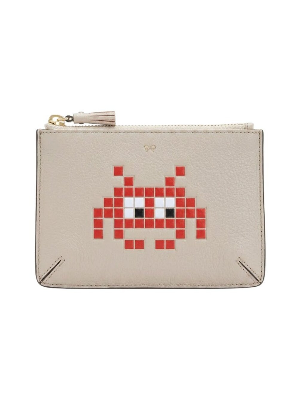 Anya Hindmarch Space Invaders Leather Zip Pouch Clutch Chalk White Beige